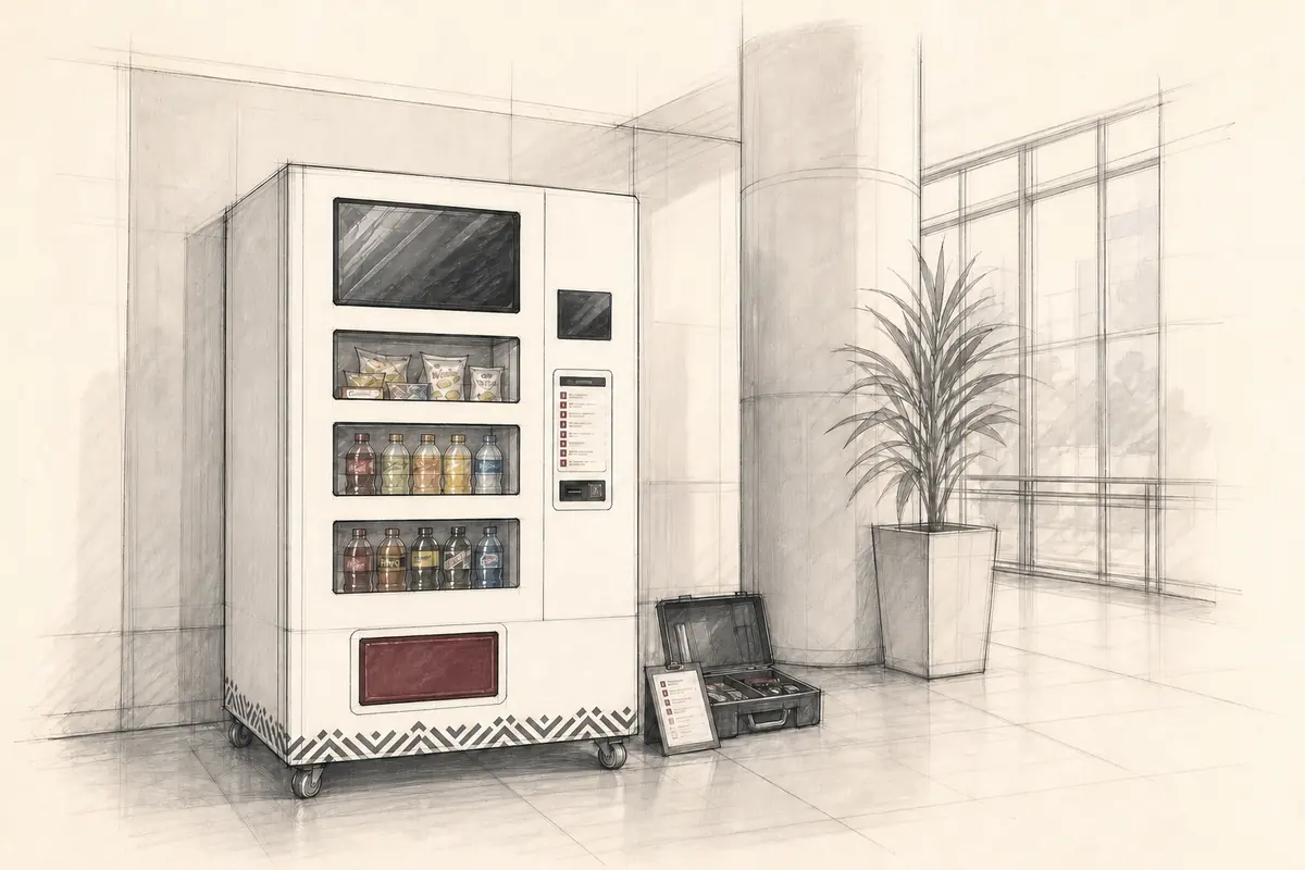 Industrial sketch of a Drifter vending machine installed in a bright institutional corridor with field-service tools nearby